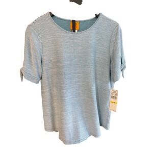 Ruby Rd Petite Striped Short Sleeve Tie Cuff Top Teal White PM 92755 GC NWT